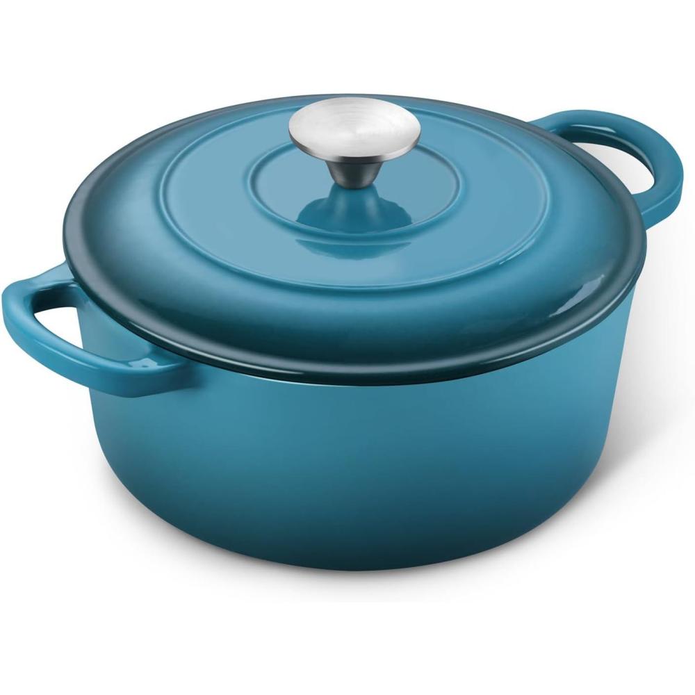 E-far 6 Quart Enameled Cast Iron Dutch Oven with Lid, Round Dutch Oven Pot Nonstick Cookware for Braising, Stews, Roasting, Bread Baking, Cooking, Heavy Duty, Induction & Oven Safe – Blue(Teal Mist)