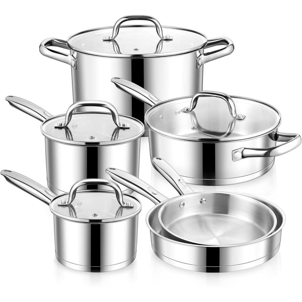 E-far 10-Piece Stainless Steel Cookware Set, Induction Pots and Pans Set with Tri-Ply Base, Non-toxic Kitchen Cooking Set w/Frying Pan, Saucepan, Saute Pan, Stockpot with Lids, Oven & Dishwasher Safe