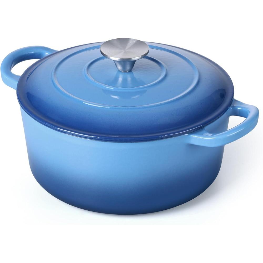 E-far 6 Quart Enameled Cast Iron Dutch Oven with Lid, Round Dutch Oven Pot Nonstick Cookware for Braising, Stews, Roasting, Bread Baking, Cooking, Heavy Duty, Induction & Oven Safe – Blue(Blue)