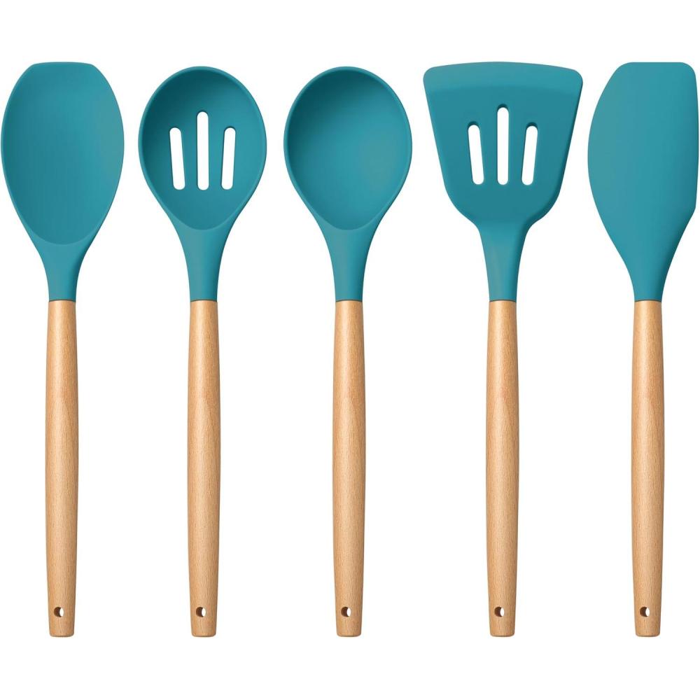 E-far Silicone Cooking Utensils Set, 10-Piece Heat Resistant Kitchen Utensils Set with Wooden Handle for Nonstick Cookware, Kitchen Nonstick Tools Spatula Whisk Tongs Ladle, Non-toxic & Healthy(Khaki)(Navy Blue)