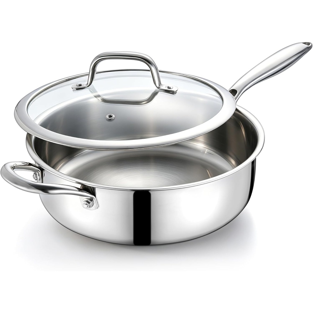 E-far Saute Pan with Lid, 12 Inch 6QT Tri-Ply Stainless Steel Deep Frying Pan, Braiser Pan & Chef Skillet, Non-toxic Cooking Pan for Induction Ceramic Gas Stoves, Heavy Duty, Oven & Dishwasher Safe(10 Inch / 4.5 QT)