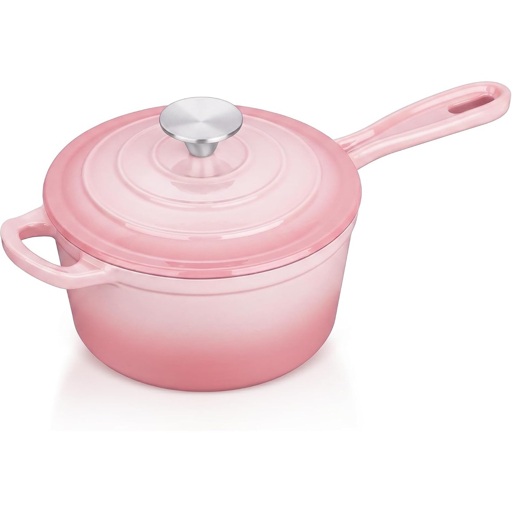 E-far 1Qt & 2Qt Enameled Cast Iron Sauce Pan Set with Self-basting Lids | Small Heavy Duty Dutch Oven Pot for All Kitchen Stove, Induction-Ready & Easy Clean, Pink(Pink)