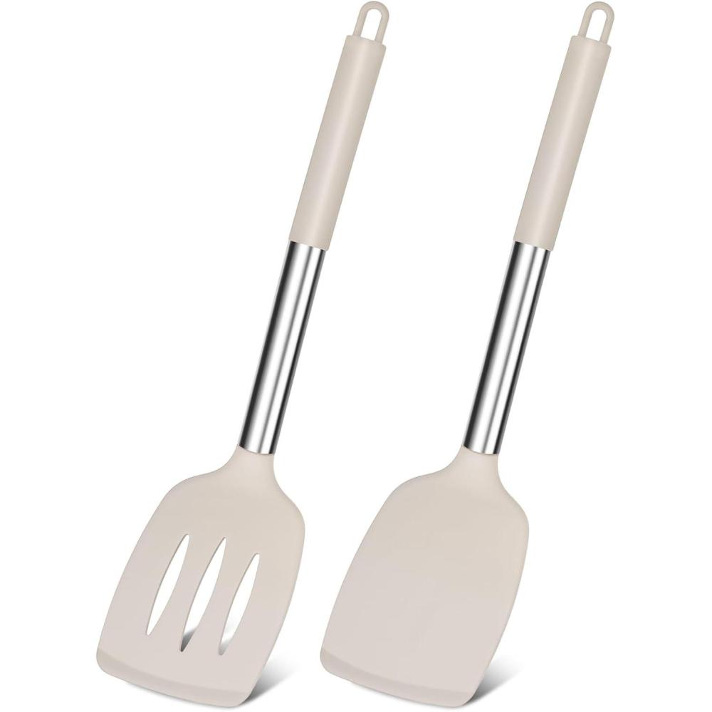 E-far Silicone Spatula Set of 2, Solid & Slotted Turner for Nonstick Cookware, Heat Resistant Rubber Kitchen Cooking Utensils for Flipping Fish Pancake Egg – Black(Khaki)
