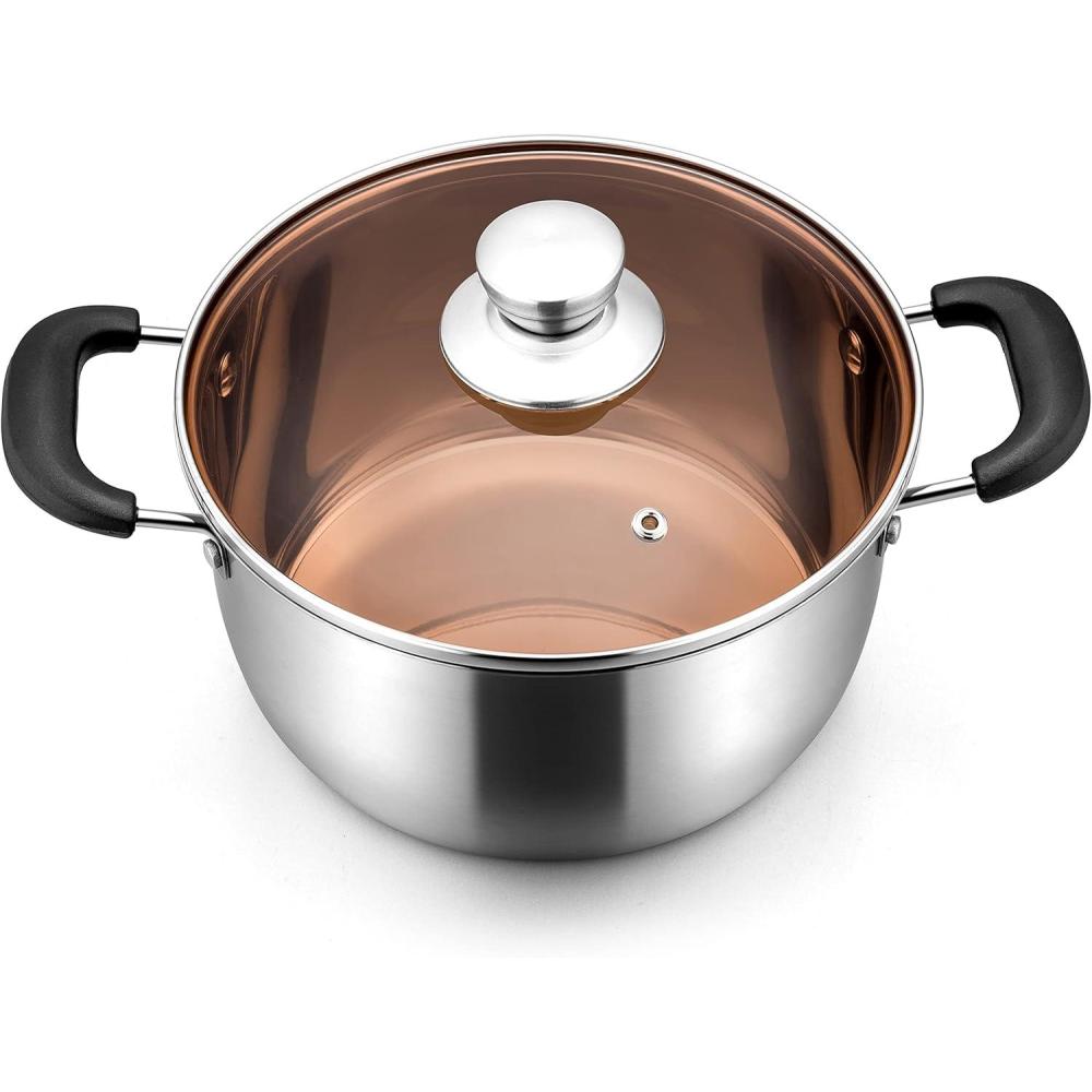 E-far 4 Quart Stock Pot, Stainless Steel Metal Soup Pot with Glass Lid for Cooking, Healthy & Rust Free, Heavy Duty & Dishwasher Safe(6 Quart)