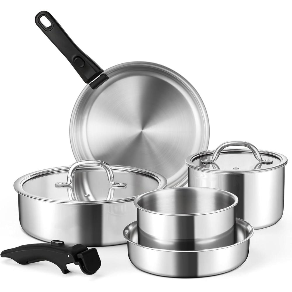 E-far 9pcs Stainless Steel Cookware Set, 3-Ply Pots and Pans Set w/Detachable Handle & Lid, Induction Cookware Kitchen Cooking Set for RV Camping, Nontoxic Whole Clad Frying/Saute/Sauce Pan, Oven Safe