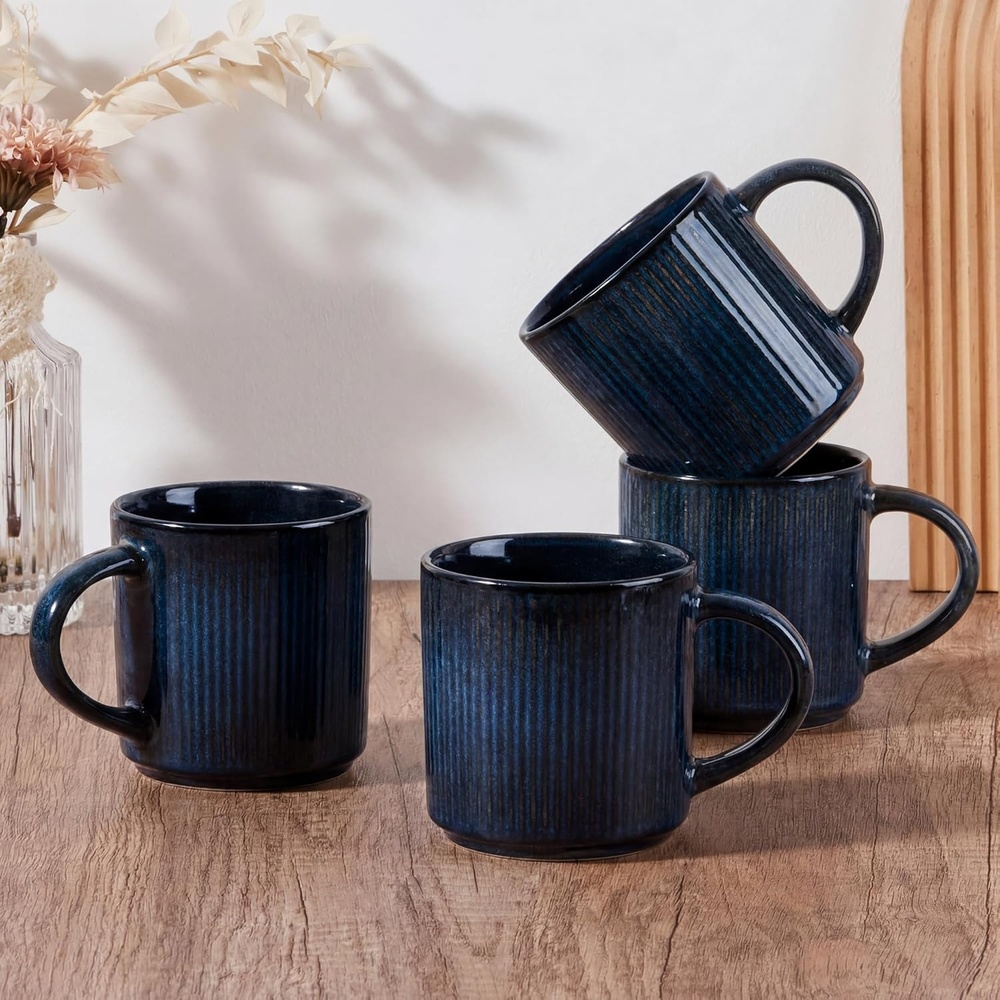 E-far 12 oz Coffee Mugs Set of 6, Stoneware Coffee Cups with Handle for Man Woman, Modern Ribbed Ceramic Tea Mugs for Latte Cocoa Milk, Microwave & Dishwasher Safe, Speckled White(Midnight Blue)