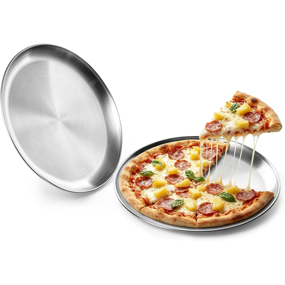 E-far 16 Stainless Steel Pizza Pan for Oven, Pizza Baking Tray Set of 2 | Large Metal Pizza Plate, Heavy-duty Round Baking Sheet, Healthy & Non-toxic, Rust-resistant & Dishwasher Safe(2)