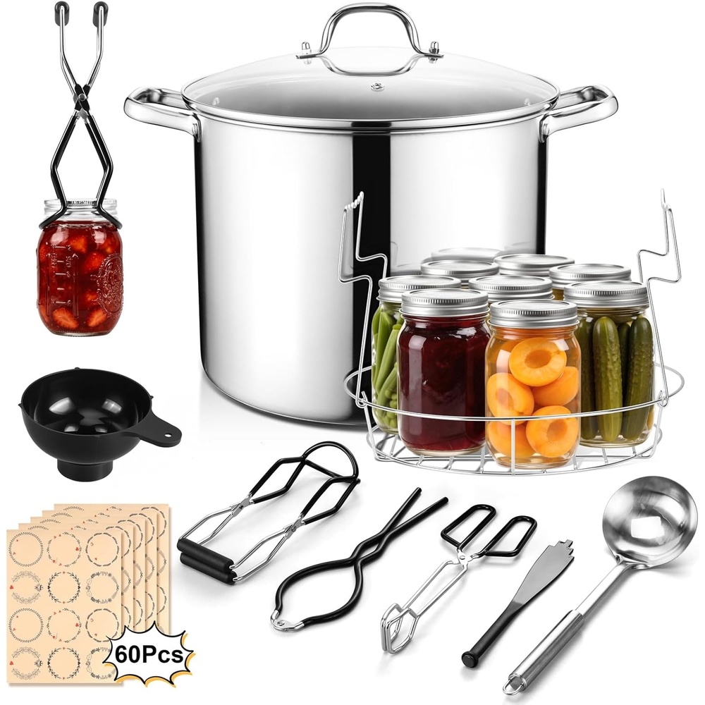 E-far 19QT Water Bath Canner Pot with Canning Supplies Starter Kit | Food-grade Stainless Steel, Tri-ply Base, Home Canning Tools with Rack, Works on All Stovetops Including Induction