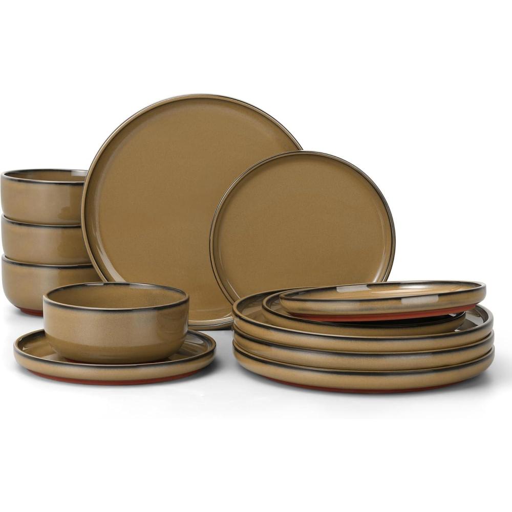 E-far 18-Piece Stoneware Dinnerware Sets, Plates and Bowls Sets for 6, Ceramic Dishware Dishes Set with Terracotta Base, Chip & Scratch Resistant, Microwave & Dishwasher Safe, Speckled White(Desert Camel)