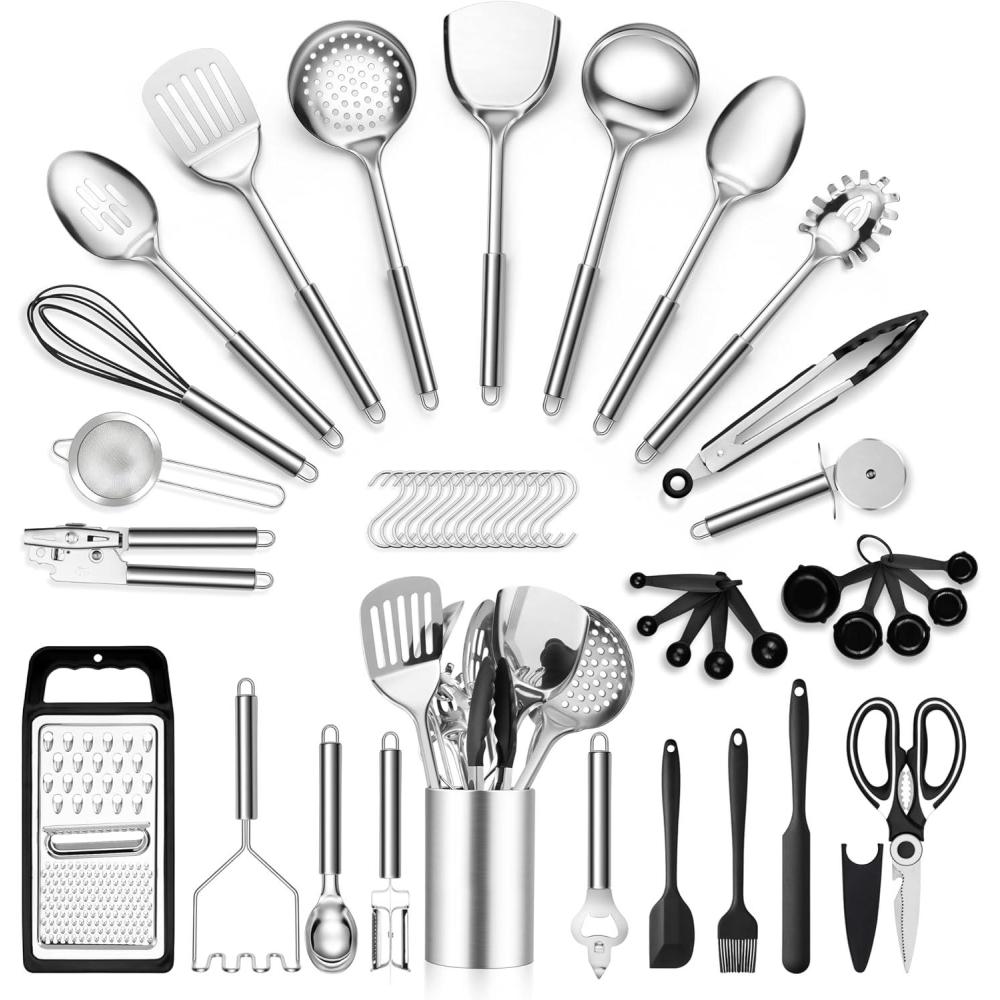 E-far Stainless Steel Kitchen Utensils Set, 39-Piece Cooking Utensils Set with Holder, Non-toxic Metal Heat Resistant Kitchen Gadgets Cookware Tool Spatula Set for Cooking, Dishwasher Safe(39)