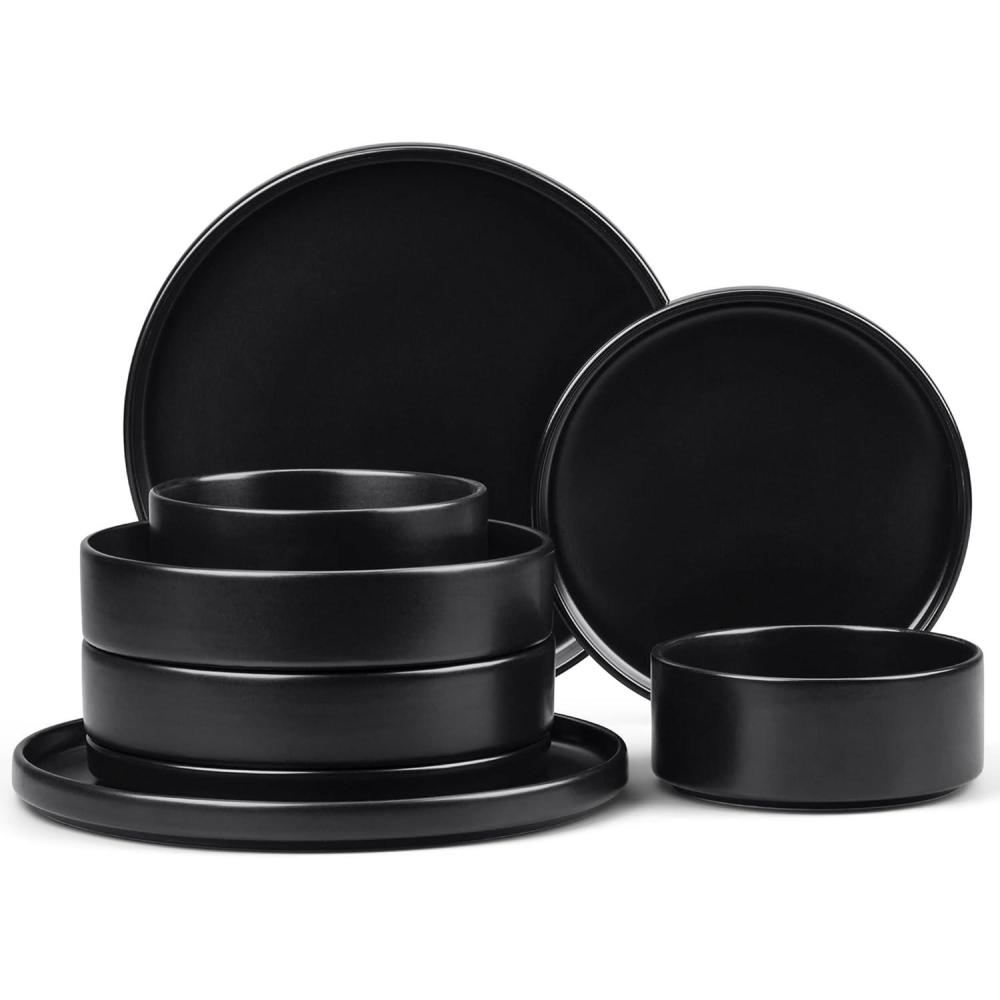 E-far Stoneware Dinnerware Sets for 4, 12-Piece Reactive Glaze Plates and Bowls Sets, Kitchen Ceramic Dishes Dinning Ware, Microwave & Dishwasher Safe, Deep Gray(Matte Black)