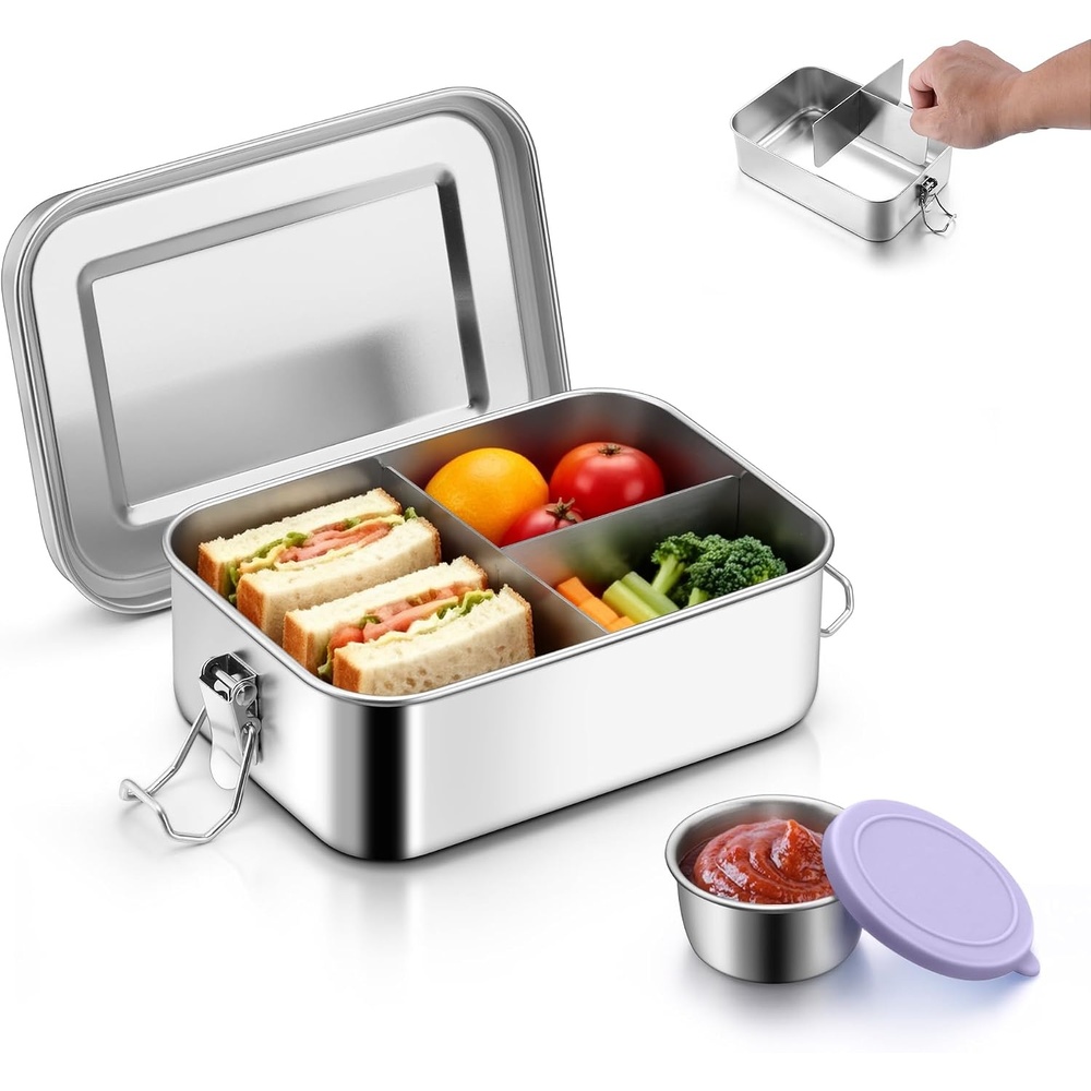 E-far Stainless Steel Bento Box for Kids & Adults, 47oz/1400ml Leakproof Lunch Box with 3 Compartments & Dressing Container, Removable Dividers & Lockable Clips for Lunch/Work, Dishwasher Safe(Blue)(Purple)