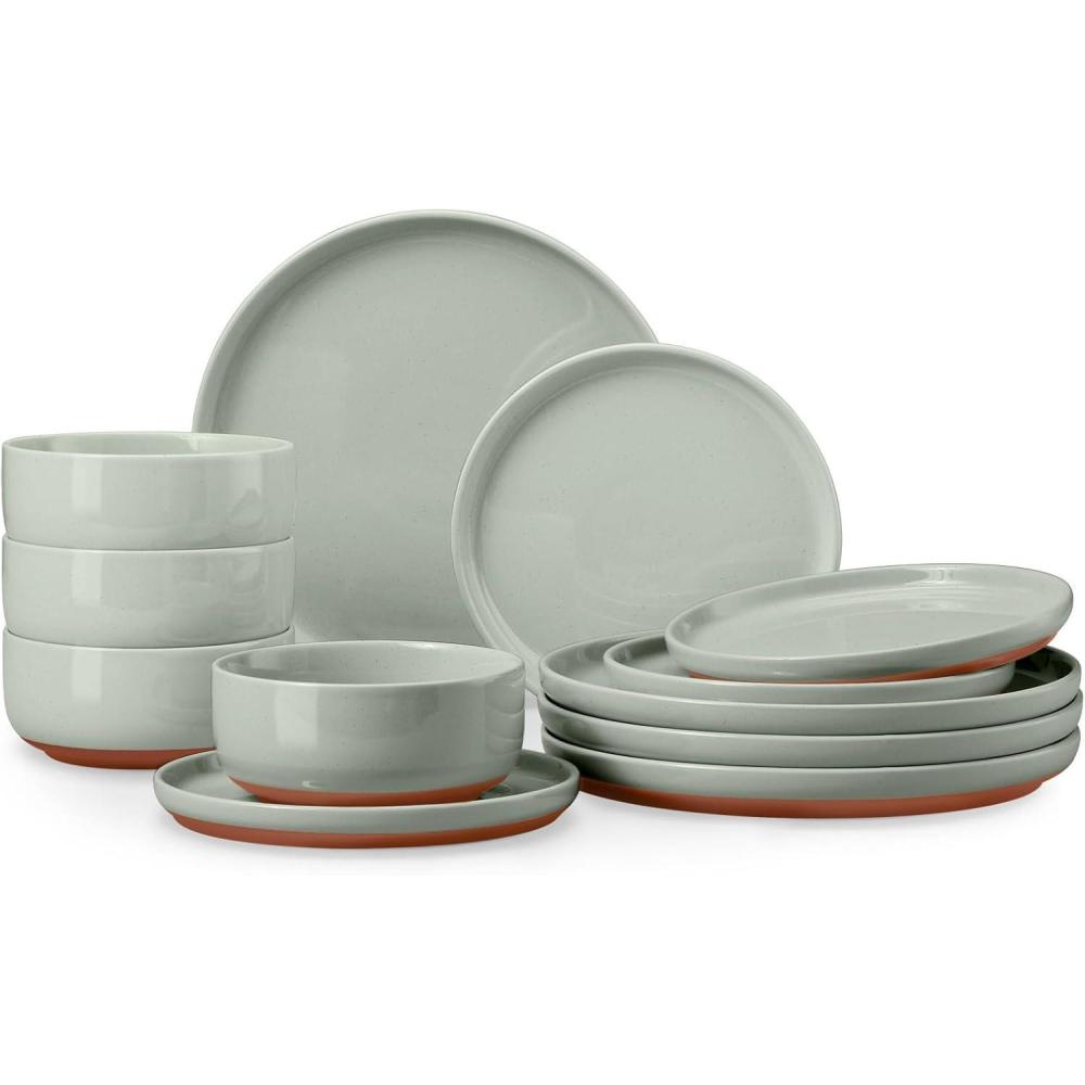 E-far 18-Piece Stoneware Dinnerware Sets, Plates and Bowls Sets for 6, Ceramic Dishware Dishes Set with Terracotta Base, Chip & Scratch Resistant, Microwave & Dishwasher Safe, Speckled White(Sage Green)