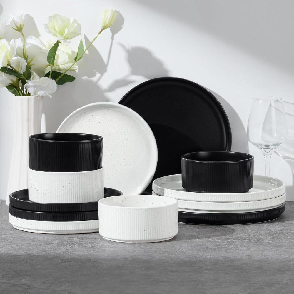 E-far Stoneware Dinnerware Sets for 2, 6-Piece Plates and Bowls Sets, Chip & Scratch Resistant Ribbed Dish Set for Home Restaurant, Microwave & Dishwasher Safe, Midnight Blue(Speckled White & Matte Black)