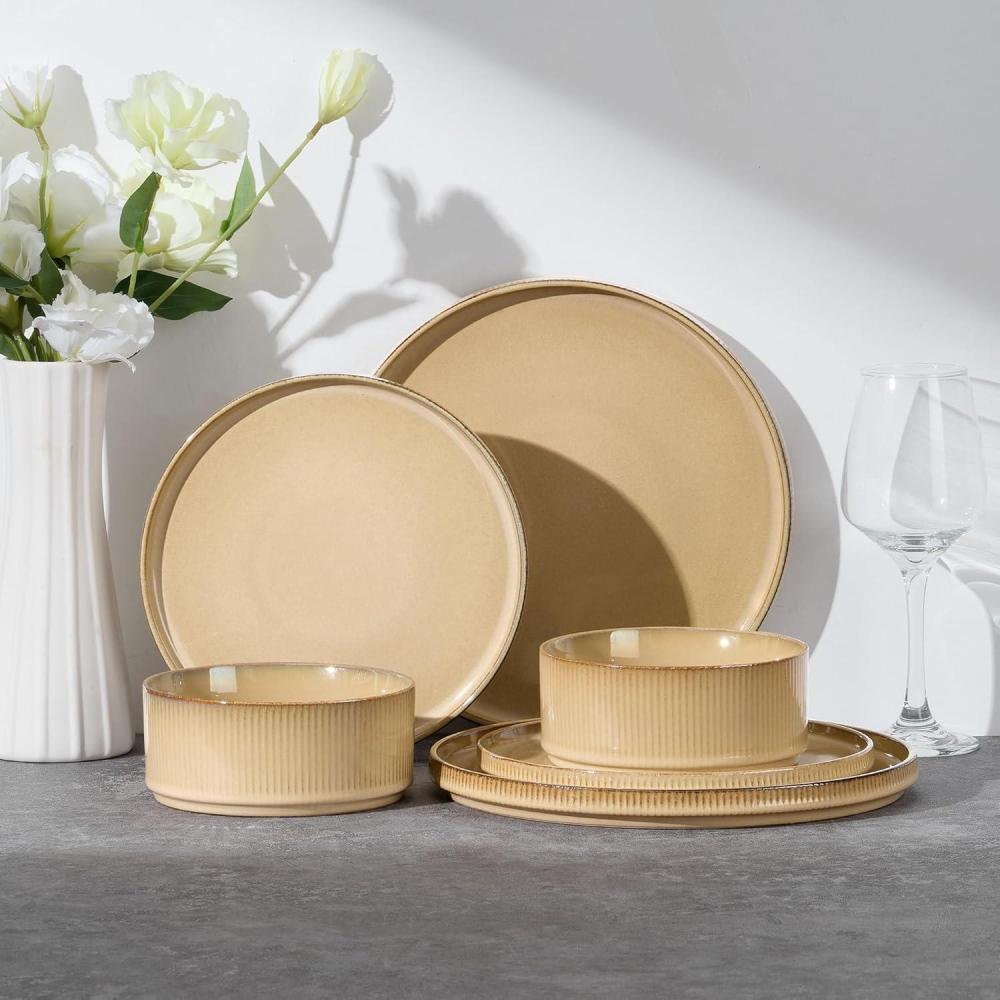 E-far Stoneware Dinnerware Sets for 2, 6-Piece Plates and Bowls Sets, Chip & Scratch Resistant Ribbed Dish Set for Home Restaurant, Microwave & Dishwasher Safe, Dusty Blue(Caramel Khaki)