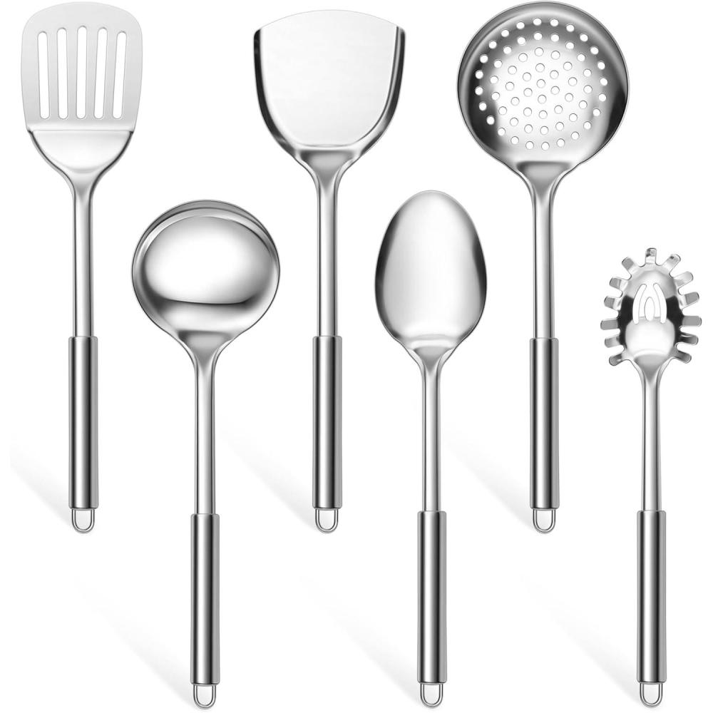 E-far Stainless Steel Kitchen Utensils Set, 39-Piece Cooking Utensils Set with Holder, Non-toxic Metal Heat Resistant Kitchen Gadgets Cookware Tool Spatula Set for Cooking, Dishwasher Safe(6)