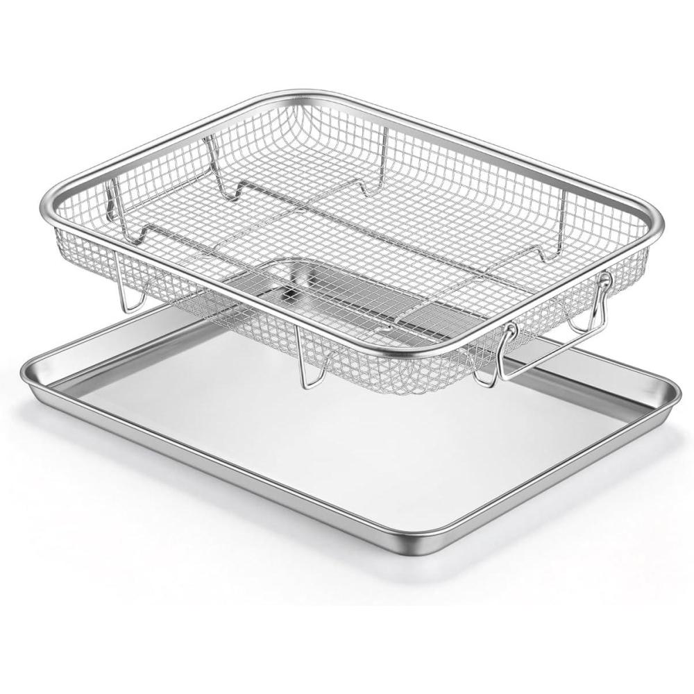 E-far Air Fryer Basket for Oven, Large 16 x 12 Stainless Steel Air Fryer Pan and Crisper Tray, Air Fryer Rack with Baking Pan for Crisper Foods Frying Baking Roasting, Dishwasher Safe(2)