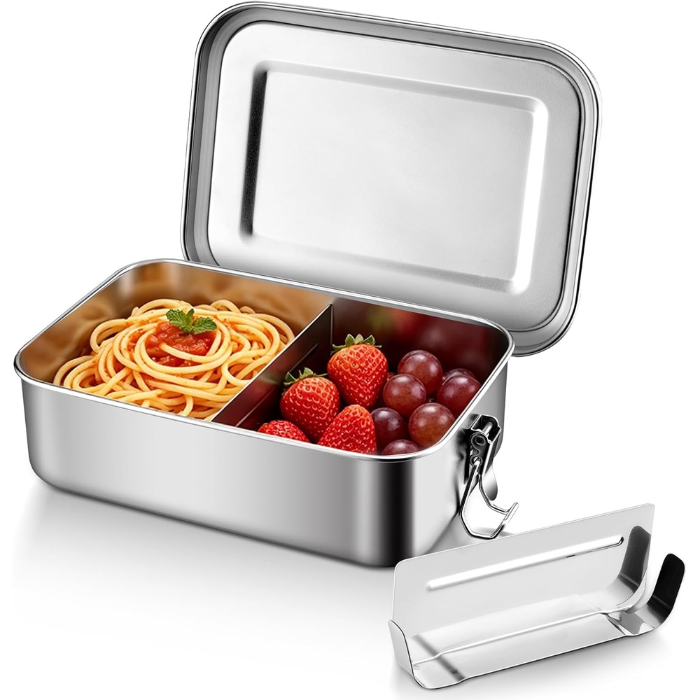 E-far Stainless Steel Bento Box, 81oz/2400ml Metal Lunch Box for Kids & Adults, Leak-Proof Lunch Container with Lids and 2 Removable Dividers, Reusable Meal Storage for Camping Picnic Travel Work