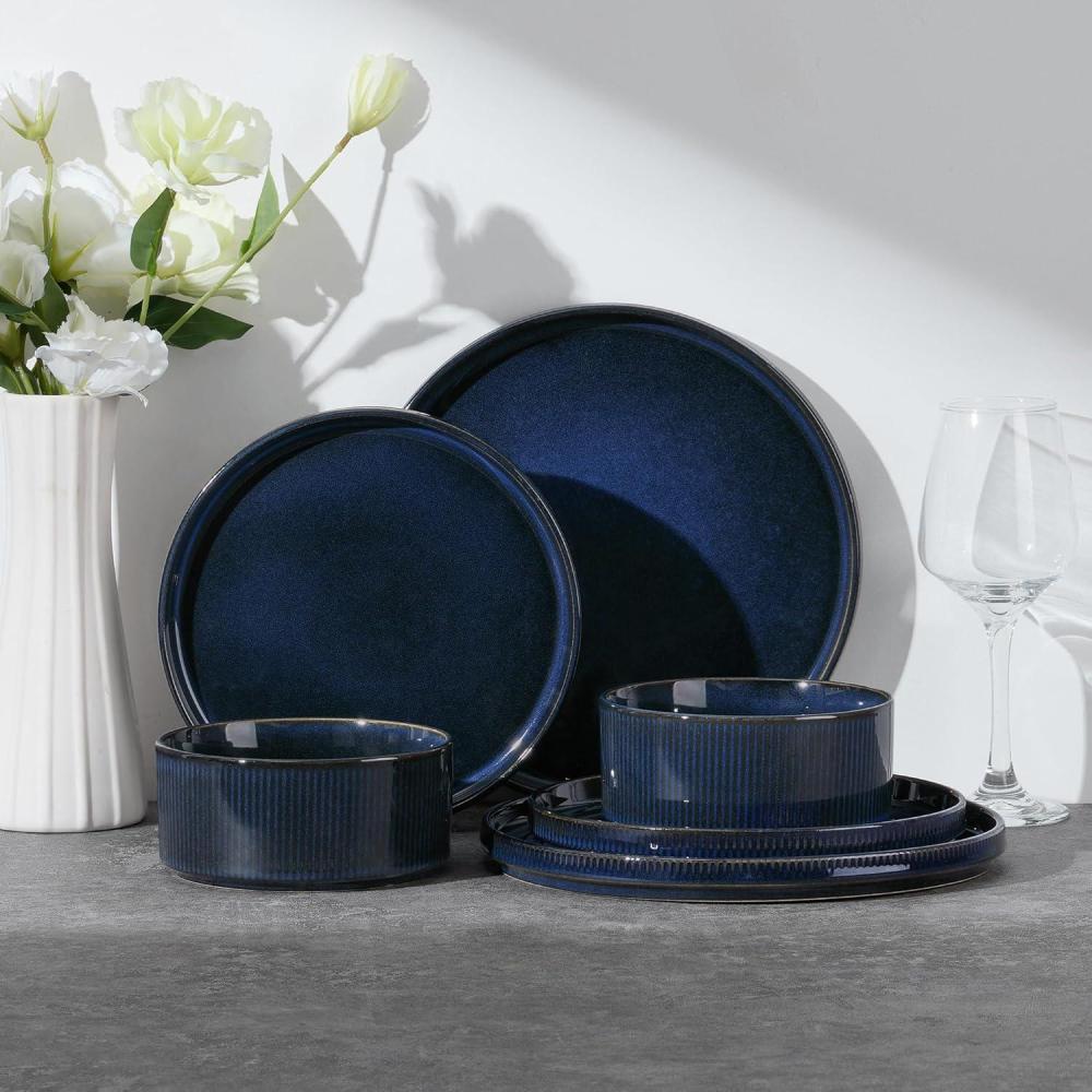 E-far Stoneware Dinnerware Sets for 2, 6-Piece Plates and Bowls Sets, Chip & Scratch Resistant Ribbed Dish Set for Home Restaurant, Microwave & Dishwasher Safe, Midnight Blue(Midnight Blue)
