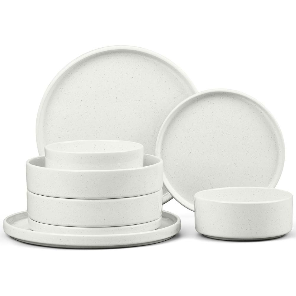 E-far Stoneware Dinnerware Sets for 4, 12-Piece Reactive Glaze Plates and Bowls Sets, Kitchen Ceramic Dishes Dinning Ware, Microwave & Dishwasher Safe, Deep Gray(Stone White)