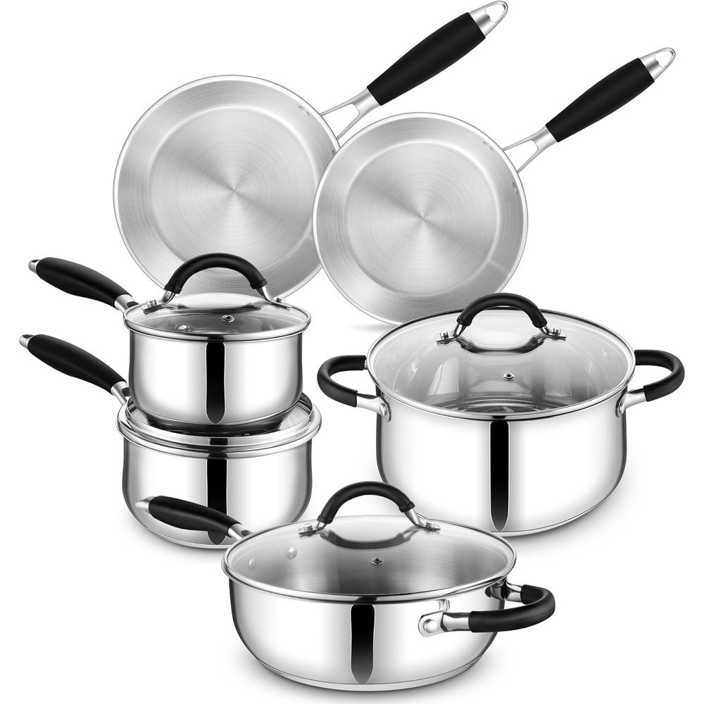 E-far Stainless Steel Cookware Set – Induction Tri-Ply Base Pots and Pans, 10-Piece Non-Toxic Kitchen Cooking Set w/Stay-Cool Handle, Frying Pans, Saucepans, Stockpot with lid, Oven & Dishwasher Safe