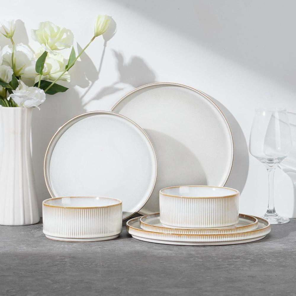 E-far Stoneware Dinnerware Sets for 2, 6-Piece Plates and Bowls Sets, Chip & Scratch Resistant Ribbed Dish Set for Home Restaurant, Microwave & Dishwasher Safe, Dusty Blue(Creamy Beige)