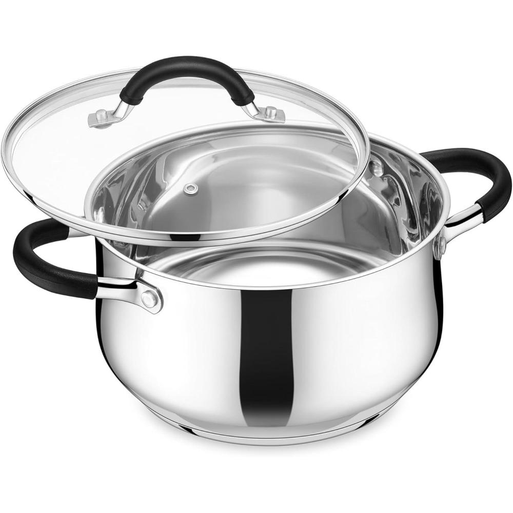 E-far Stainless Steel Stock Pot, 8 Quart Large Cooking Pot with Glass Lid for Boiling Pasta Soup Sauce, Tri-Ply Induction Thick Base for All Stoves, Cool-Touch Handles & Dishwasher Safe(6 Quarts)