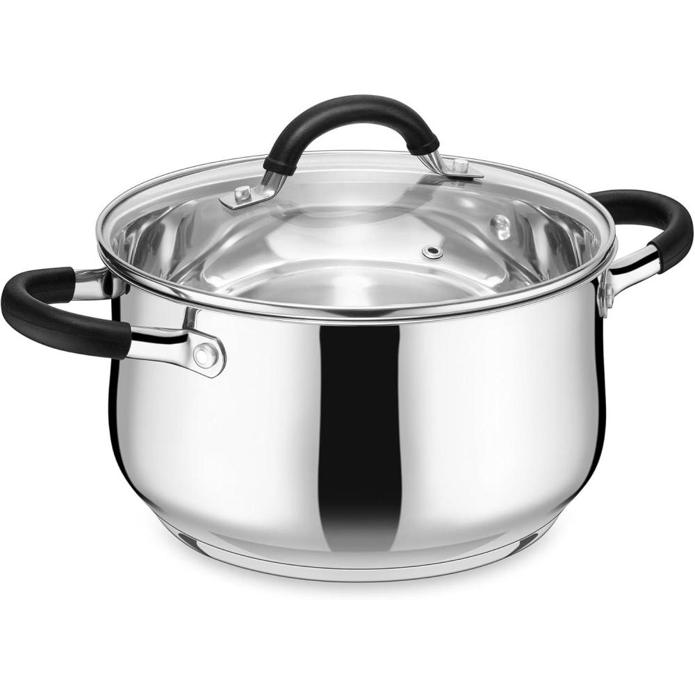E-far Stainless Steel Stock Pot, 8 Quart Large Cooking Pot with Glass Lid for Boiling Pasta Soup Sauce, Tri-Ply Induction Thick Base for All Stoves, Cool-Touch Handles & Dishwasher Safe(4 Quarts)