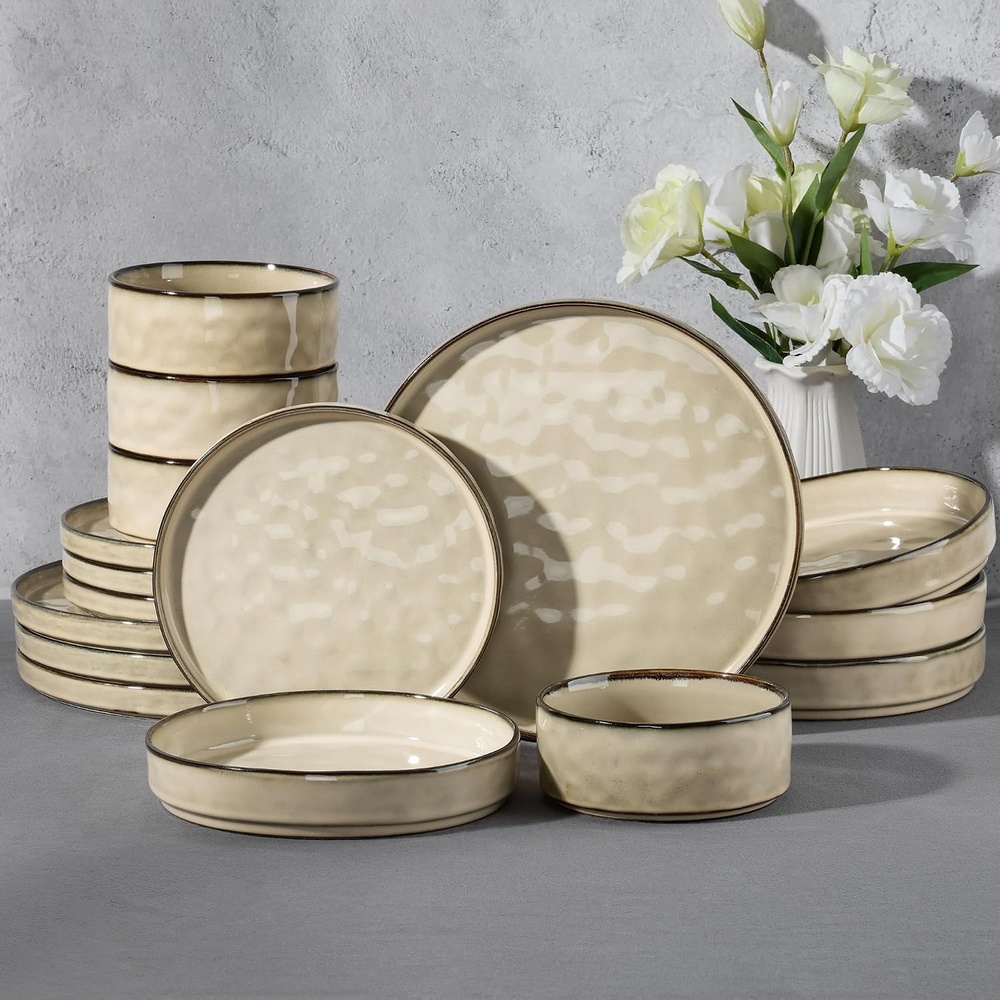 E-far Stoneware Dinnerware Set, 12-Piece White Plates and Bowls Sets for 4 | Modern Ripple Design Dishes Set for Kitchen Dining , Chip & Scratch Resistant, Microwave & Dishwasher Safe, Speckled White(Sandy Khaki)