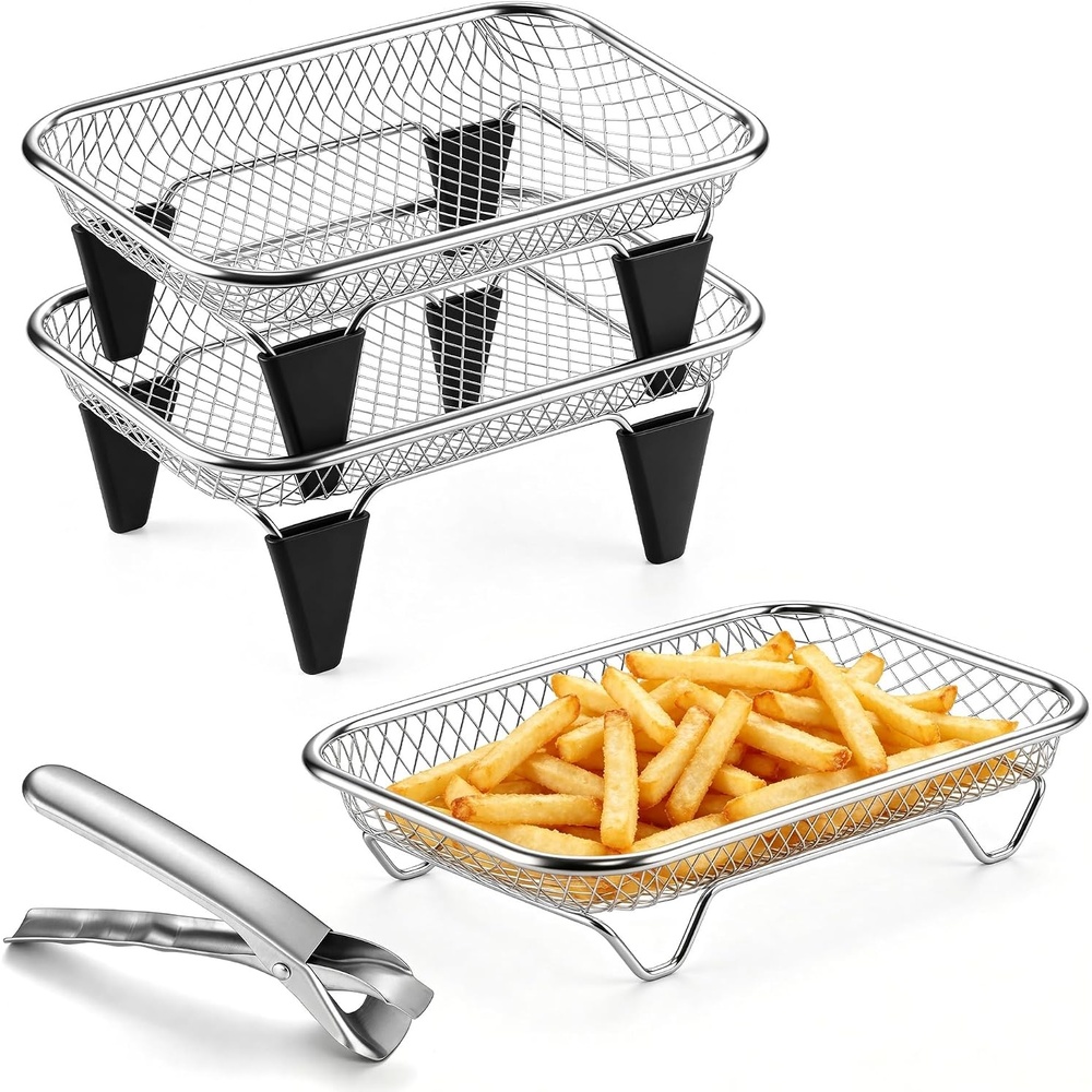 E-far Air Fryer Racks, 7.7×5.3 Rectangle Dual Basket Air Fryer Accessories, 3-Tier Stackable Stainless Steel Cooking Rack Set for Frying Roasting, W/Silicon Feet & Anti-scald Clip, Dishwasher Safe(7.7×5.3 inch Rectangle Rack)