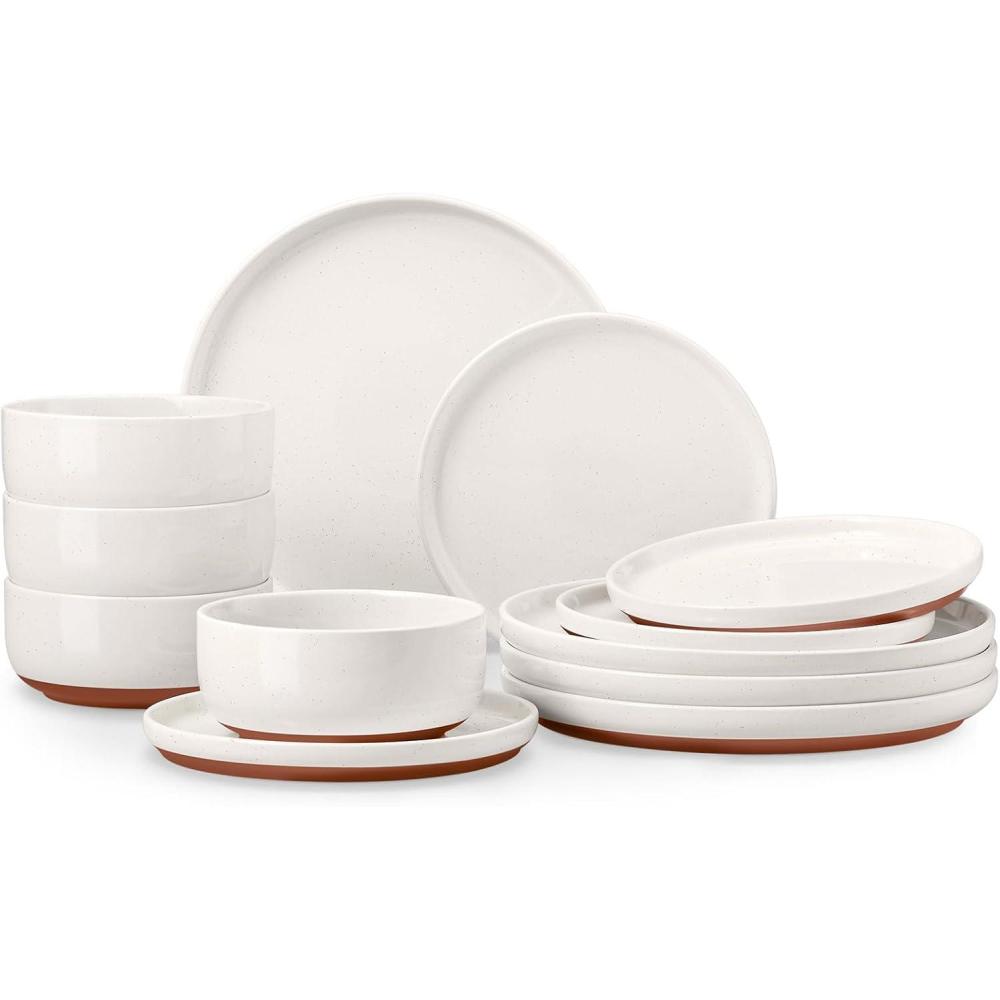 E-far 12-Piece Stoneware Dinnerware Sets, Plates and Bowls Sets for 4, Ceramic Dishware Dishes Set with Terracotta Base, Chip & Scratch Resistant, Microwave & Dishwasher Safe, Speckled White(Whisper White)