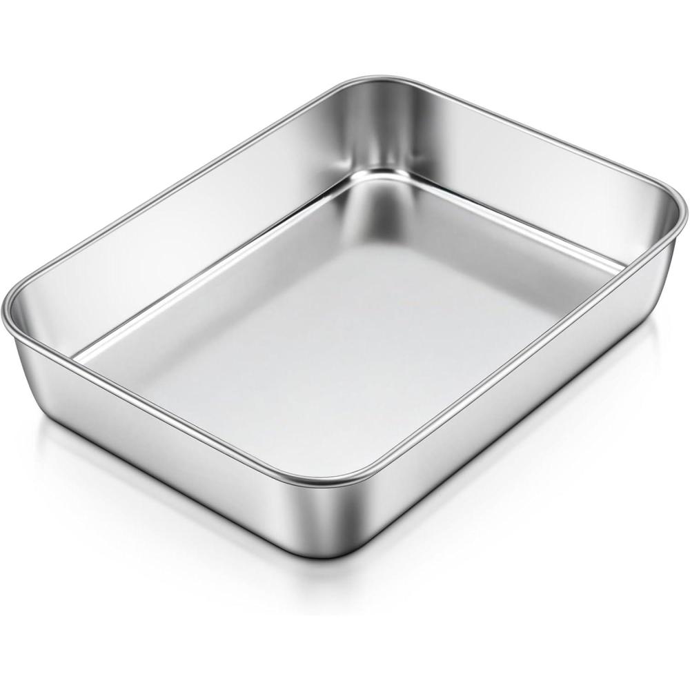 E-far Mini Lasagna Pan, Stainless Steel Rectangular Baking Pan, 9x7x2 Inch Sheet Cake Pan Metal Bakeware Toaster Oven Tray for Brownie Casserole, Deep Side & Heavy Duty, Anti-Rust & Dishwasher Safe(9.1×6.7)