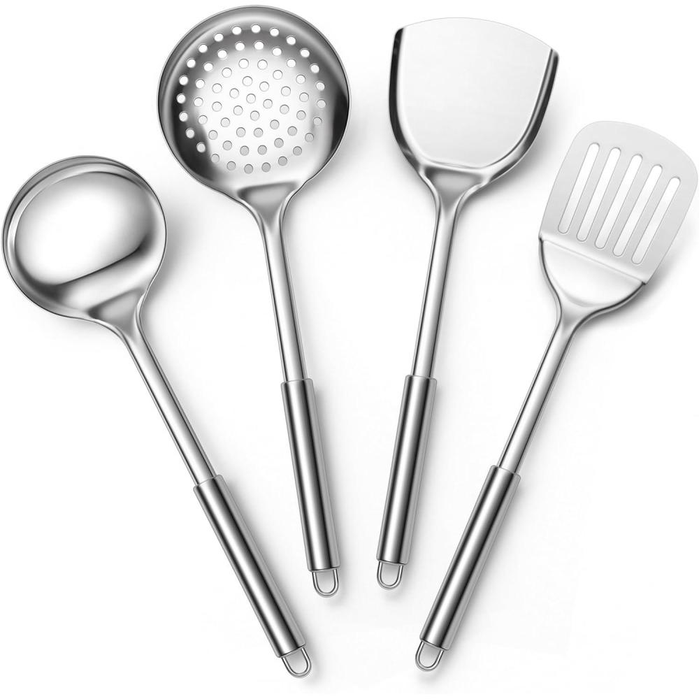 E-far Stainless Steel Kitchen Utensils Set, 39-Piece Cooking Utensils Set with Holder, Non-toxic Metal Heat Resistant Kitchen Gadgets Cookware Tool Spatula Set for Cooking, Dishwasher Safe(4)