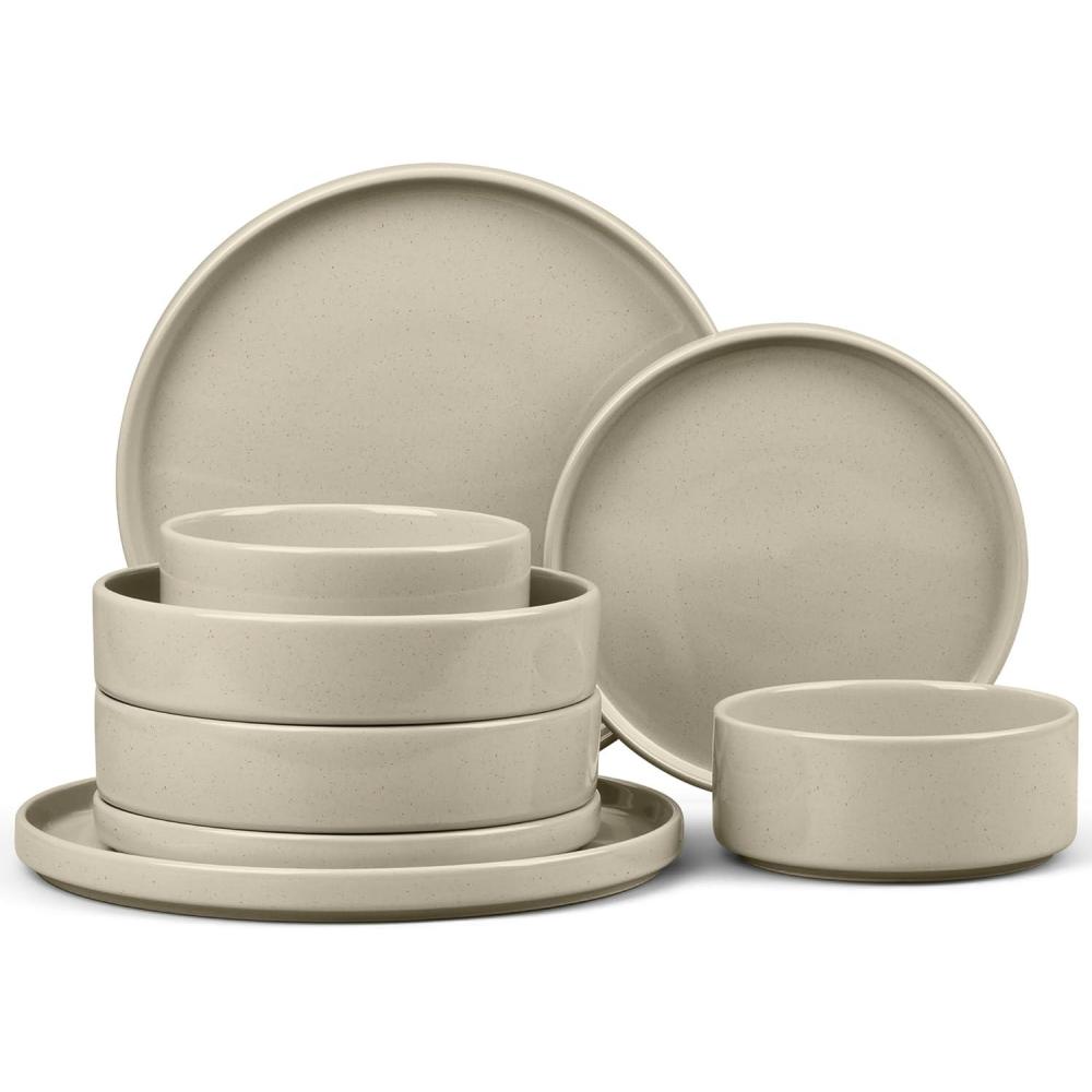 E-far Stoneware Dinnerware Sets for 4, 12-Piece Reactive Glaze Plates and Bowls Sets, Kitchen Ceramic Dishes Dinning Ware, Microwave & Dishwasher Safe, Deep Gray(Deep Khaki)