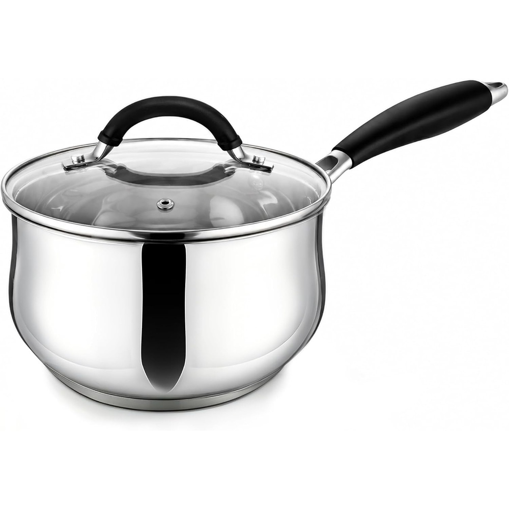 E-far 3 Quart Saucepan, Tri-Ply Base Stainless Steel Sauce Pot with Lid | Small Milk Sauce Pan with Stay-Cool Handle for Home Kitchen Cooking, Compatible with All Cooktops, Non-toxic, Dishwasher Safe(3 Quart)