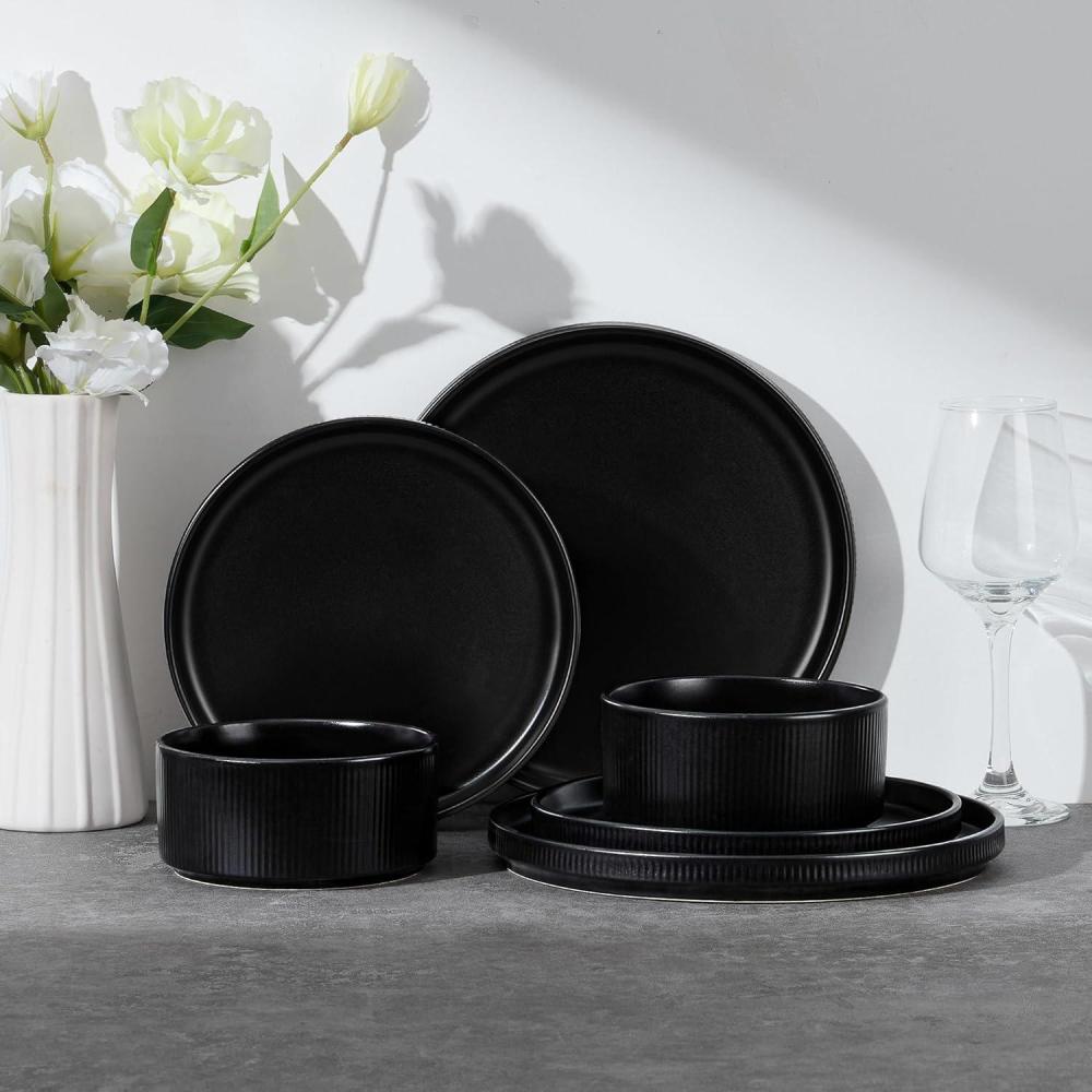E-far Stoneware Dinnerware Sets for 2, 6-Piece Plates and Bowls Sets, Chip & Scratch Resistant Ribbed Dish Set for Home Restaurant, Microwave & Dishwasher Safe, Midnight Blue(Matte Black)