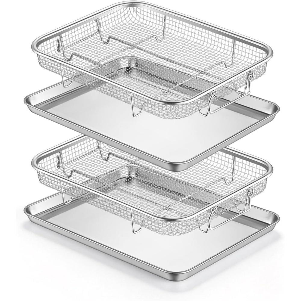 E-far Air Fryer Basket for Oven, Large 16 x 12 Stainless Steel Air Fryer Pan and Crisper Tray, Air Fryer Rack with Baking Pan for Crisper Foods Frying Baking Roasting, Dishwasher Safe(4)