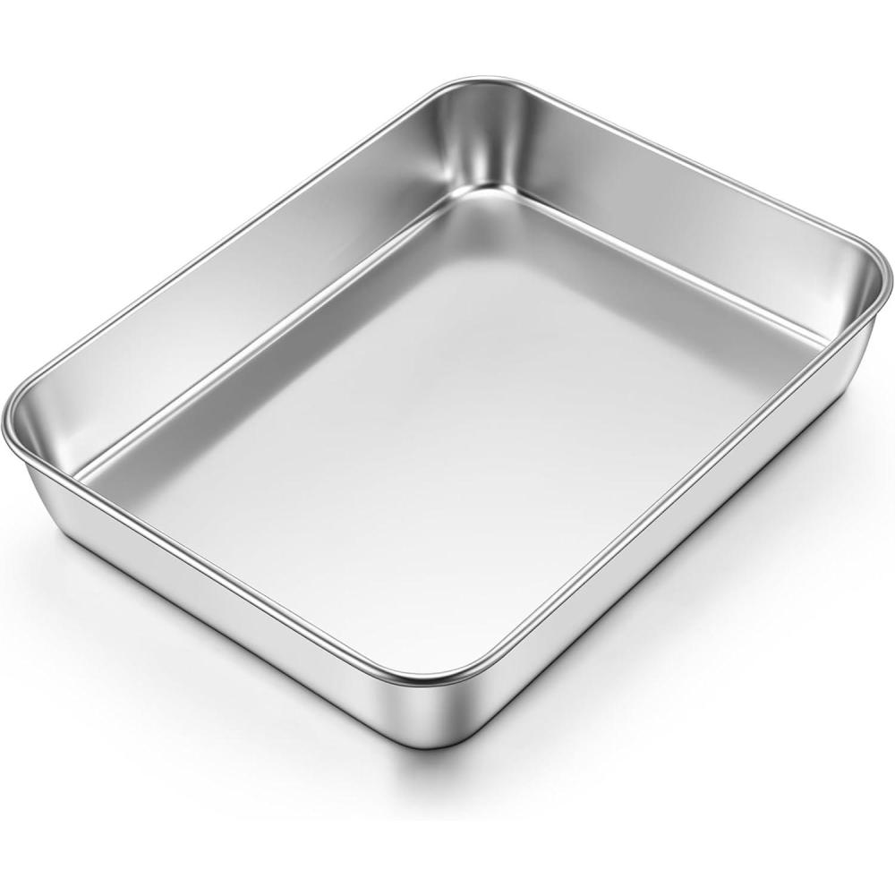 E-far Mini Lasagna Pan, Stainless Steel Rectangular Baking Pan, 9x7x2 Inch Sheet Cake Pan Metal Bakeware Toaster Oven Tray for Brownie Casserole, Deep Side & Heavy Duty, Anti-Rust & Dishwasher Safe(10.2×7.9)