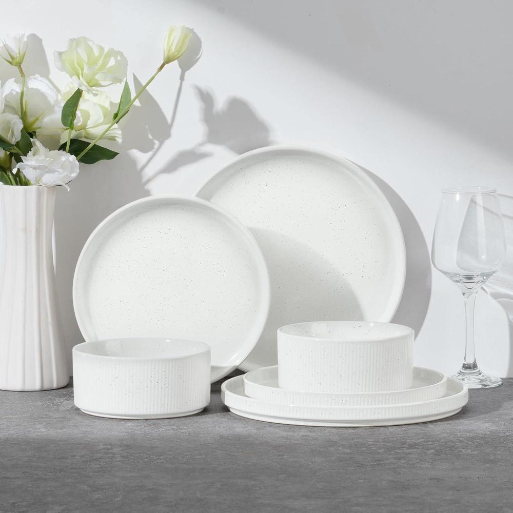 E-far Stoneware Dinnerware Sets for 2, 6-Piece Plates and Bowls Sets, Chip & Scratch Resistant Ribbed Dish Set for Home Restaurant, Microwave & Dishwasher Safe, Dusty Blue(Speckled White)