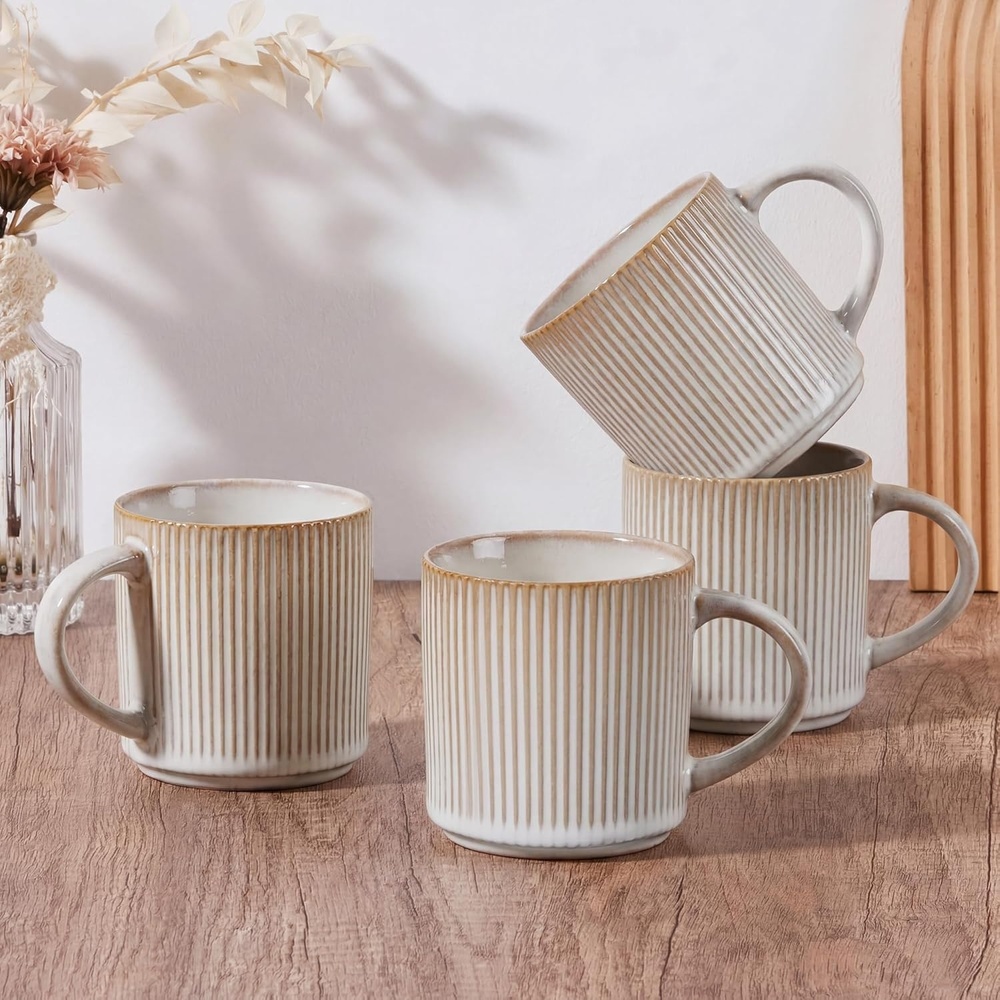 E-far 12 oz Coffee Mugs Set of 6, Stoneware Coffee Cups with Handle for Man Woman, Modern Ribbed Ceramic Tea Mugs for Latte Cocoa Milk, Microwave & Dishwasher Safe, Speckled White(Creamy Beige)