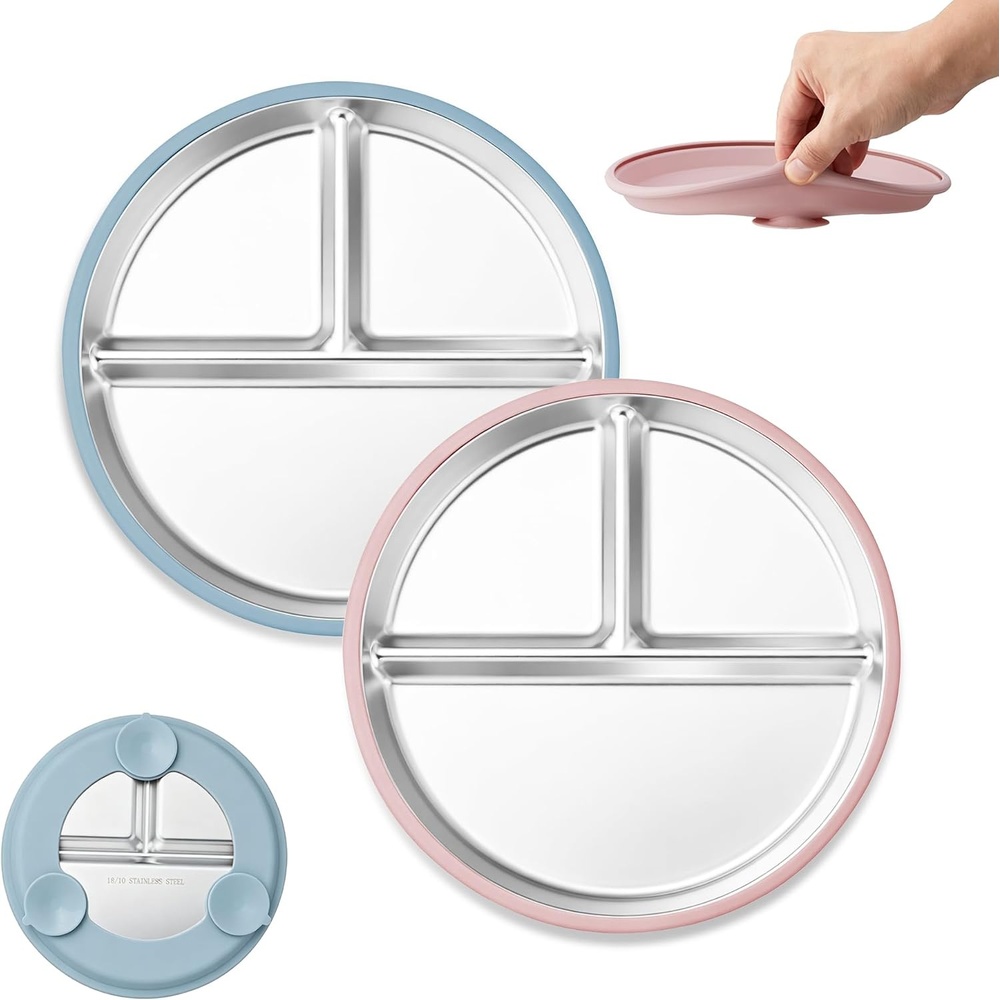 E-far Stainless Steel Toddler Suction Plates, 2 Pack for Baby | 3-Section Divided Kids Plates & Removable Silicone Suction Sleeves, Unbreakable Stainless Steel, Dishwasher Safe(Blue/Pink)(Blue & Pink)