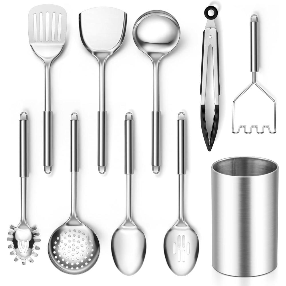 E-far Stainless Steel Kitchen Utensils Set, 39-Piece Cooking Utensils Set with Holder, Non-toxic Metal Heat Resistant Kitchen Gadgets Cookware Tool Spatula Set for Cooking, Dishwasher Safe(10)