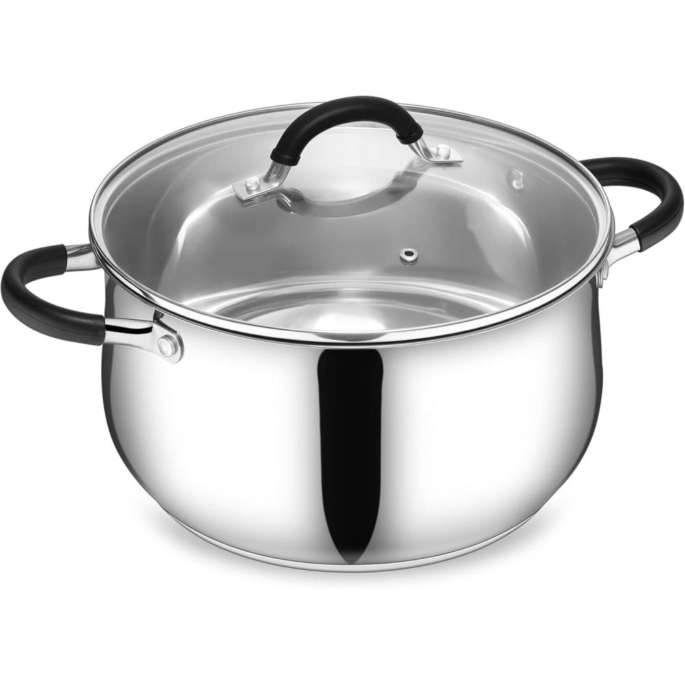 E-far Stainless Steel Stock Pot, 8 Quart Large Cooking Pot with Glass Lid for Boiling Pasta Soup Sauce, Tri-Ply Induction Thick Base for All Stoves, Cool-Touch Handles & Dishwasher Safe(8 Quarts)