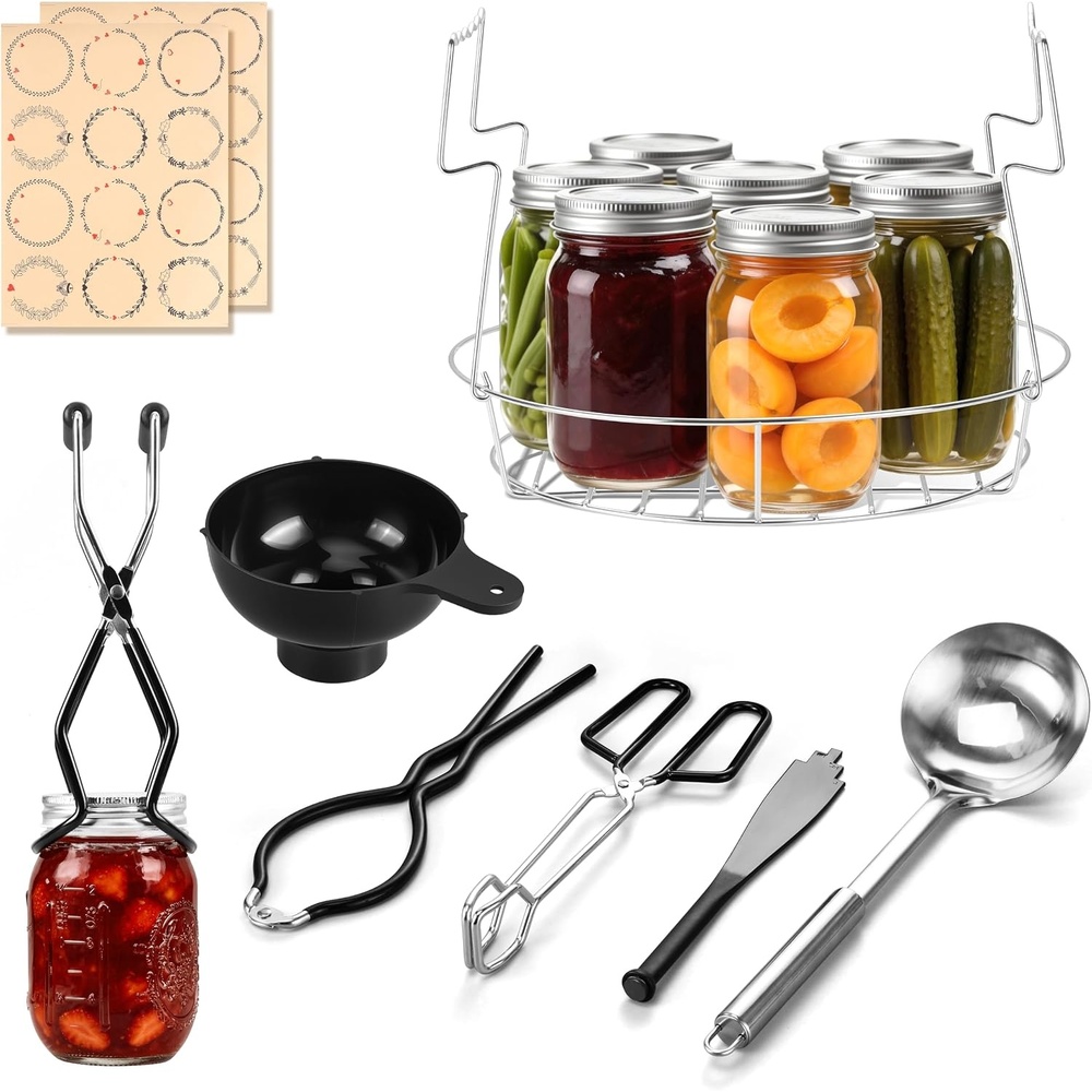E-far Canning Supplies Starter Kit with Rack, Home Canning Tools Set | Food-grade Stainless Steel Canning Accessories: Funnel, Ladle, Tongs, Jar Lifter, Jar Wrench, 3-in-1 Magnetic Lid Lifter
