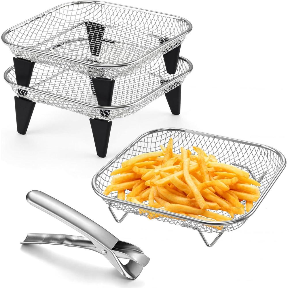 E-far Air Fryer Rack, 7.7 Square Air Fryer Baskets Accessories, 3-Tier Stackable Stainless Steel Dehydrator Rack Set for Frying Roasting, With Silicon Feet & Anti-scald Clip, Oven & Dishwasher Safe(7.7 inch Square Rack)