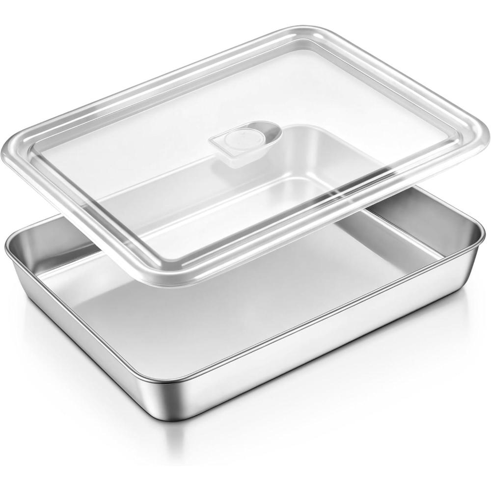 E-far Mini Lasagna Pan, Stainless Steel Rectangular Baking Pan, 9x7x2 Inch Sheet Cake Pan Metal Bakeware Toaster Oven Tray for Brownie Casserole, Deep Side & Heavy Duty, Anti-Rust & Dishwasher Safe(12.2×9.5 with lid)