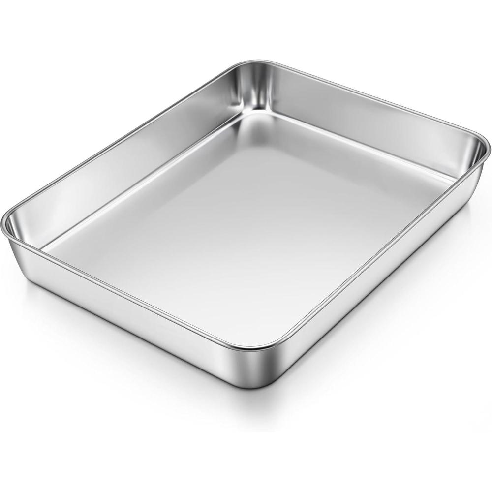 E-far Mini Lasagna Pan, Stainless Steel Rectangular Baking Pan, 9x7x2 Inch Sheet Cake Pan Metal Bakeware Toaster Oven Tray for Brownie Casserole, Deep Side & Heavy Duty, Anti-Rust & Dishwasher Safe(12.2×9.5)