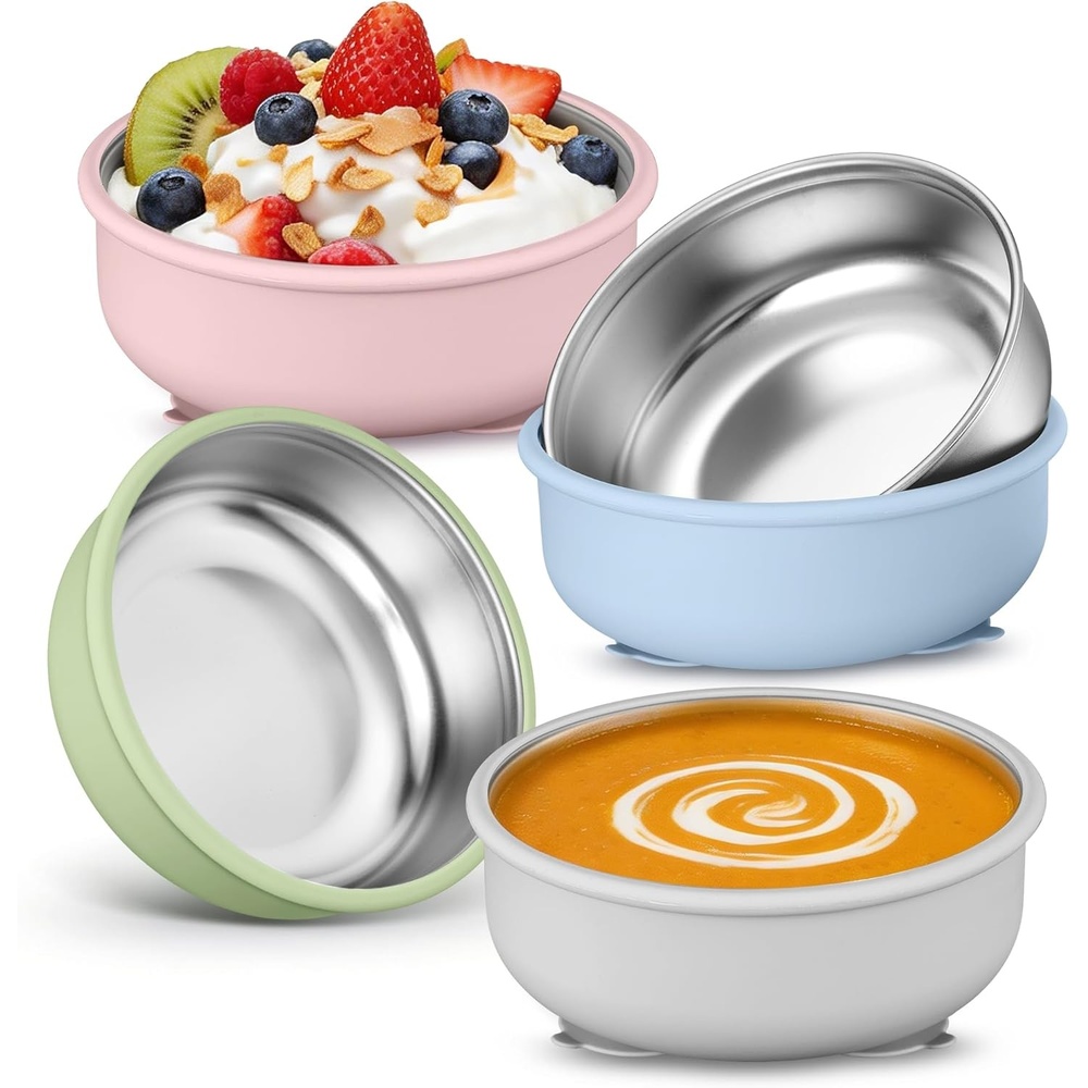 E-far Stainless Steel Baby Bowls with Suction & Lids for Toddlers & Kids(4 PCS Bowls)
