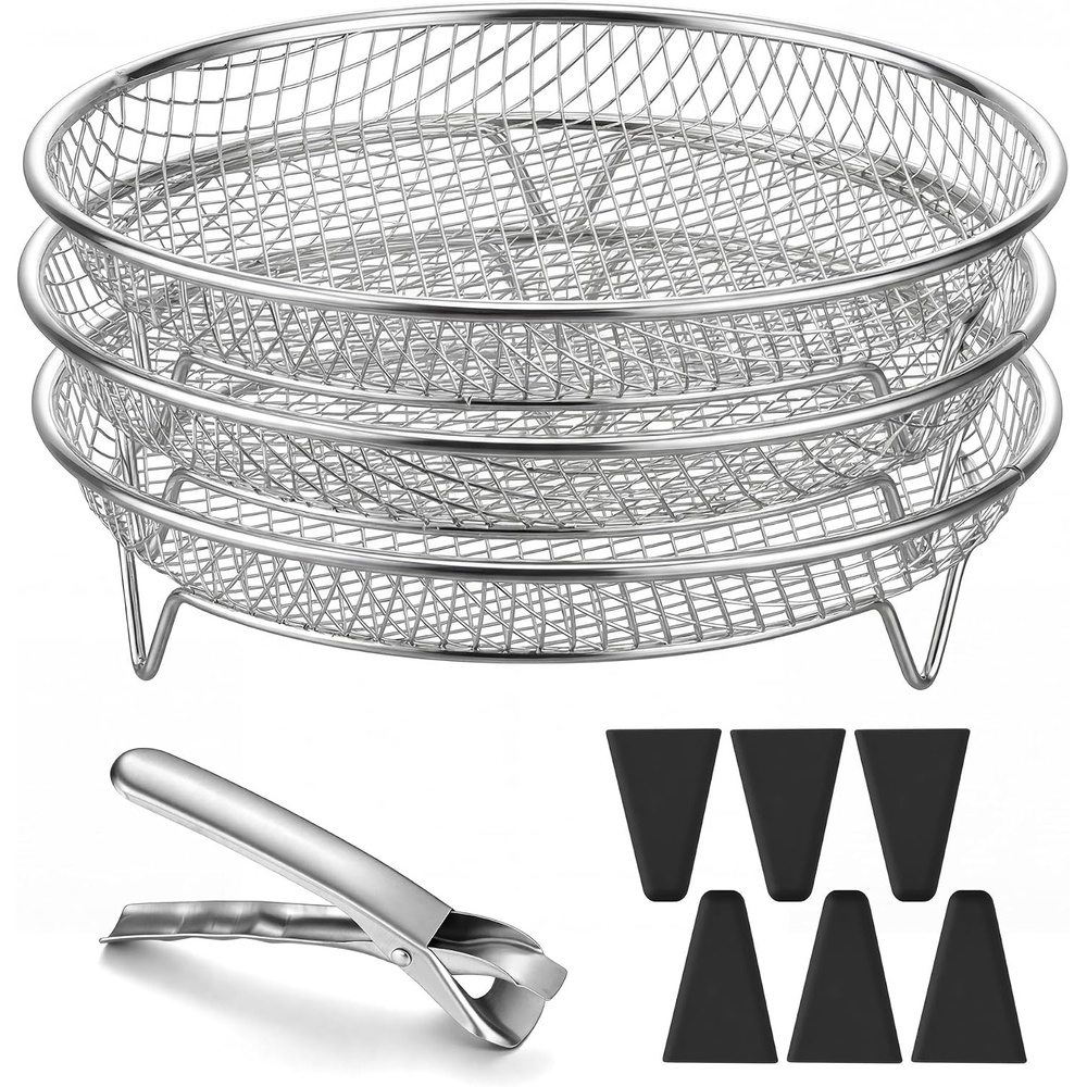 E-far Air Fryer Racks, 7.7×5.3 Rectangle Dual Basket Air Fryer Accessories, 3-Tier Stackable Stainless Steel Cooking Rack Set for Frying Roasting, W/Silicon Feet & Anti-scald Clip, Dishwasher Safe(7.9 inch Round Rack)