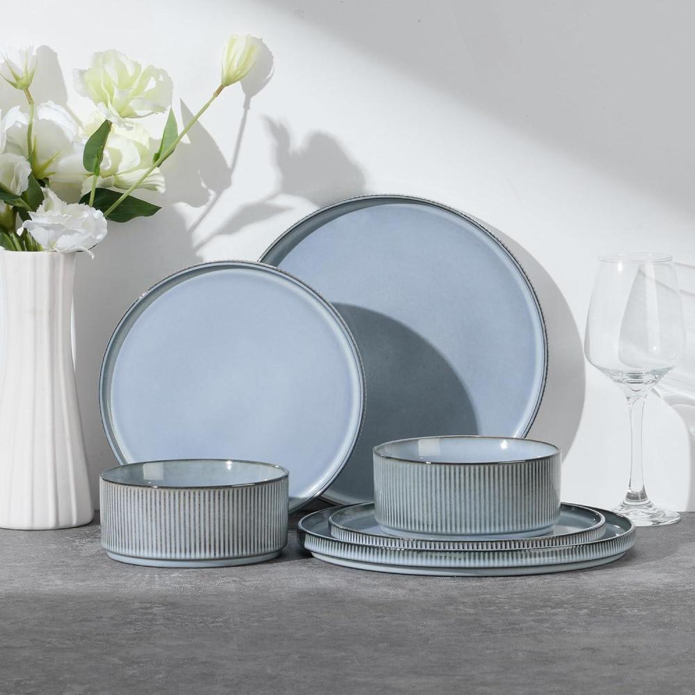 E-far Stoneware Dinnerware Sets for 2, 6-Piece Plates and Bowls Sets, Chip & Scratch Resistant Ribbed Dish Set for Home Restaurant, Microwave & Dishwasher Safe, Dusty Blue(Dusty Blue)